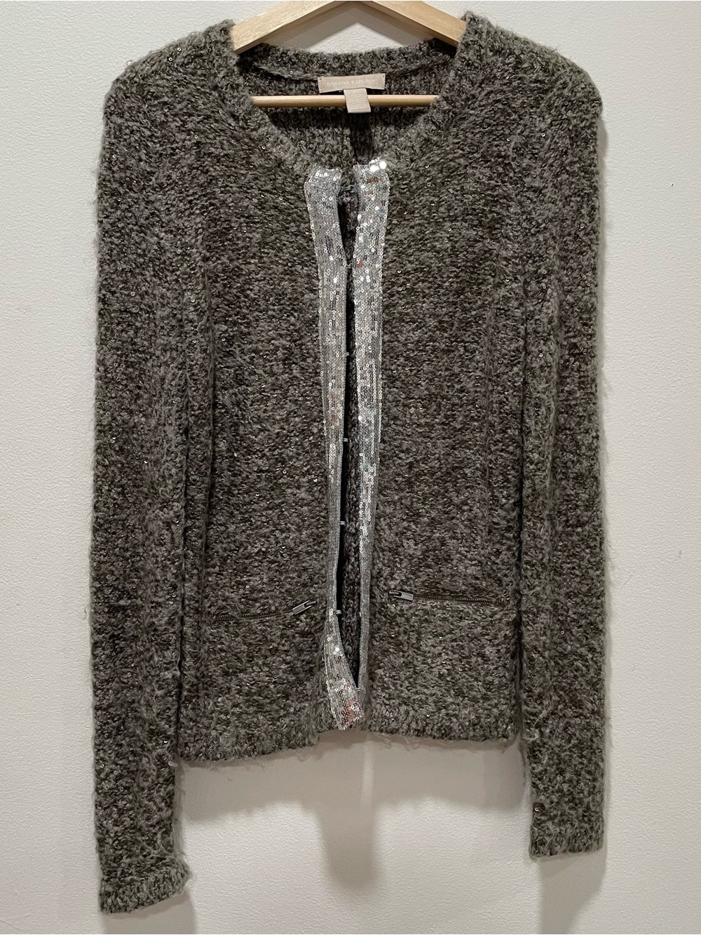 Banana Republic Heather Gray Bouclé Cardigan with Subtle Sparkle